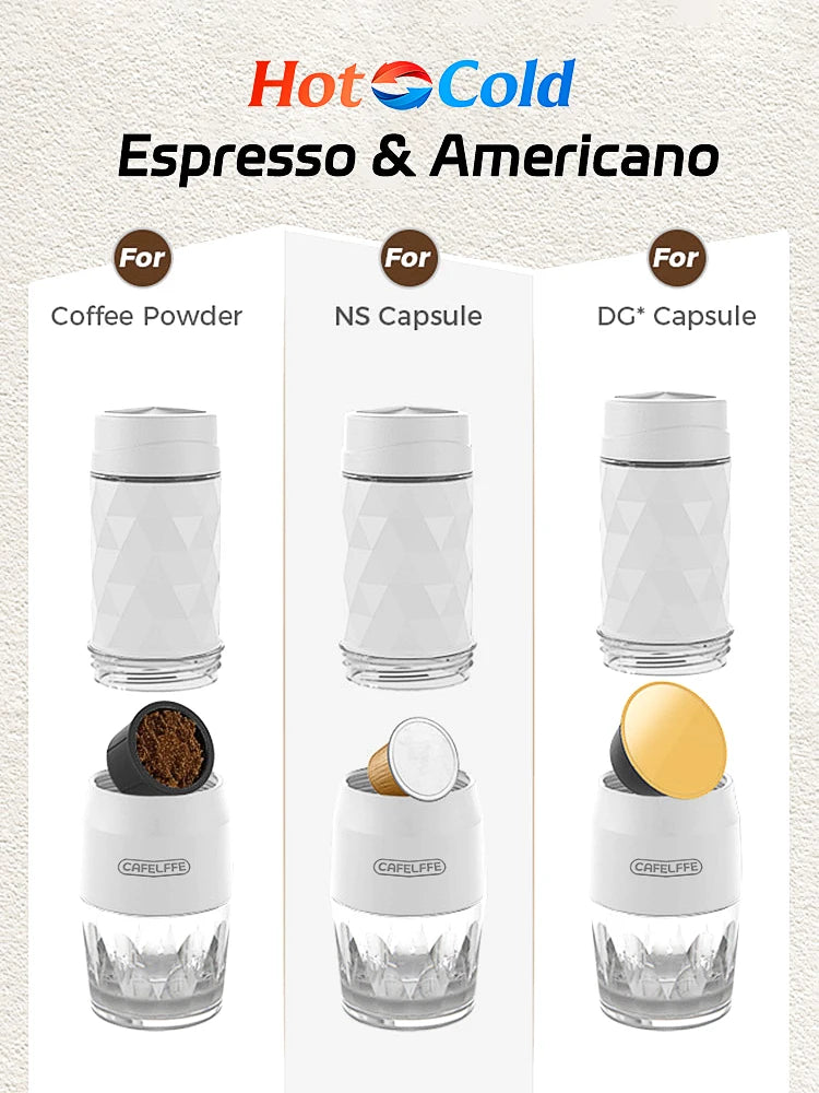 Machine à Café Portable 3-en-1 – Expresso Manuel, Eau Chaude/Froide | Compatible Capsules & Café Moulu